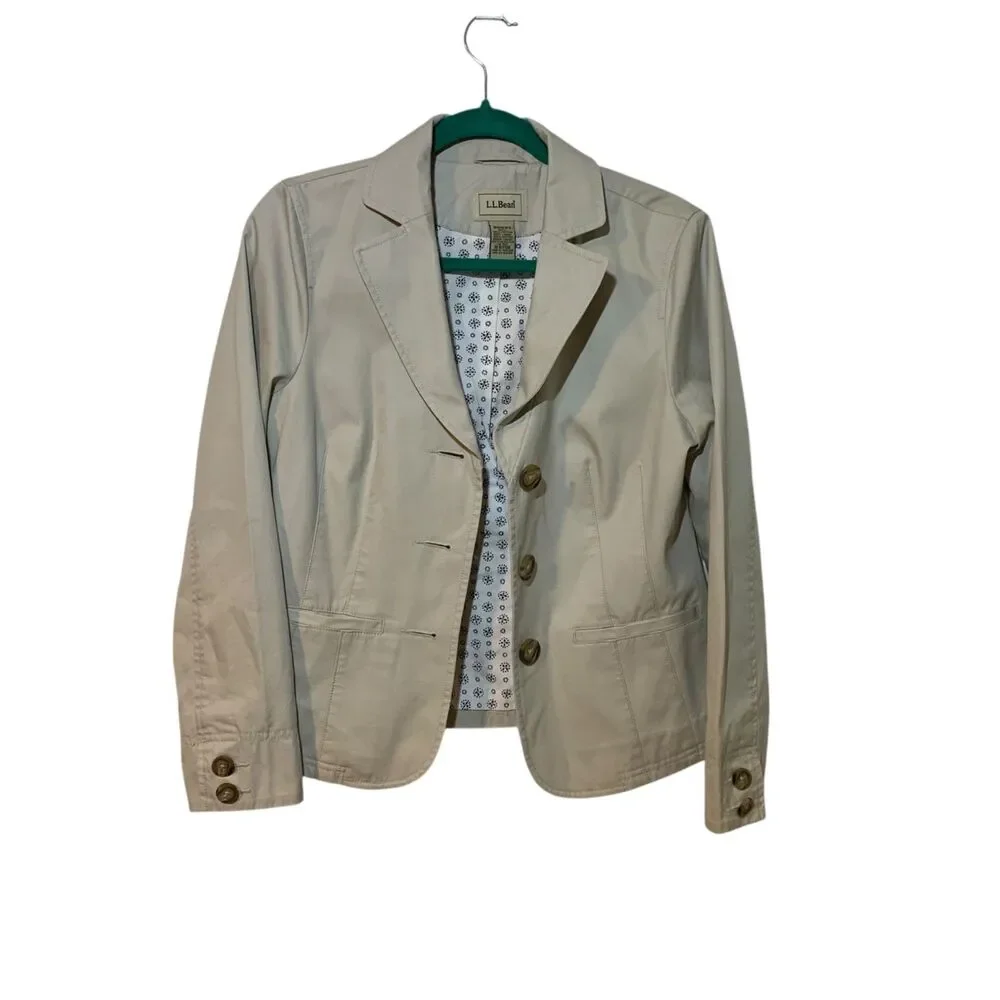 LL Bean Womens Twill Khaki 3 Button Preppy Outdoor Blazer Jacket 10P Office